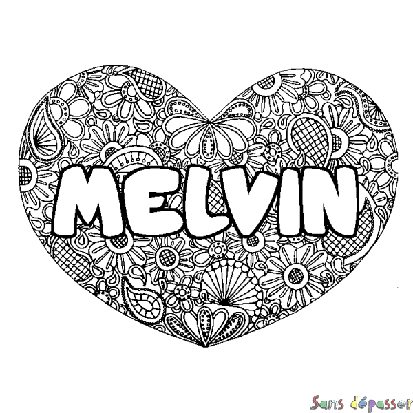 Coloriage prénom MELVIN - d&eacute;cor Mandala coeur