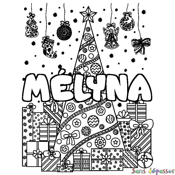 Coloriage prénom M&Eacute;LYNA - d&eacute;cor Sapin et Cadeaux