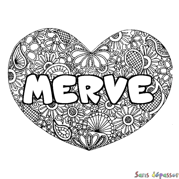 Coloriage prénom MERVE - d&eacute;cor Mandala coeur