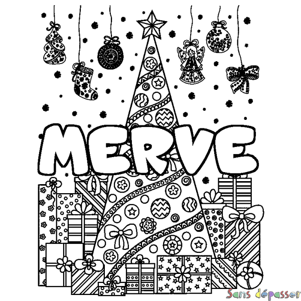 Coloriage prénom MERVE - d&eacute;cor Sapin et Cadeaux