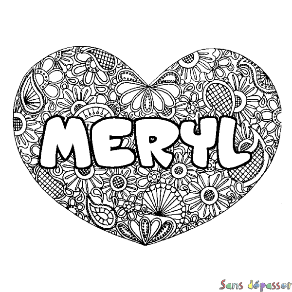 Coloriage prénom MERYL - d&eacute;cor Mandala coeur