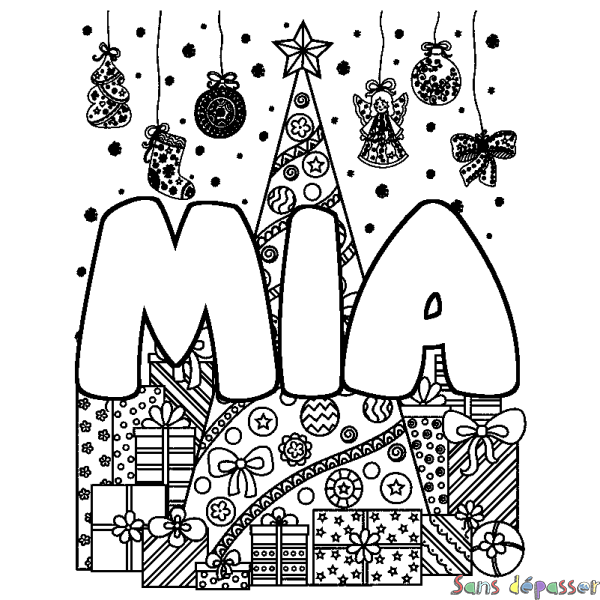 Coloriage prénom MIA - d&eacute;cor Sapin et Cadeaux