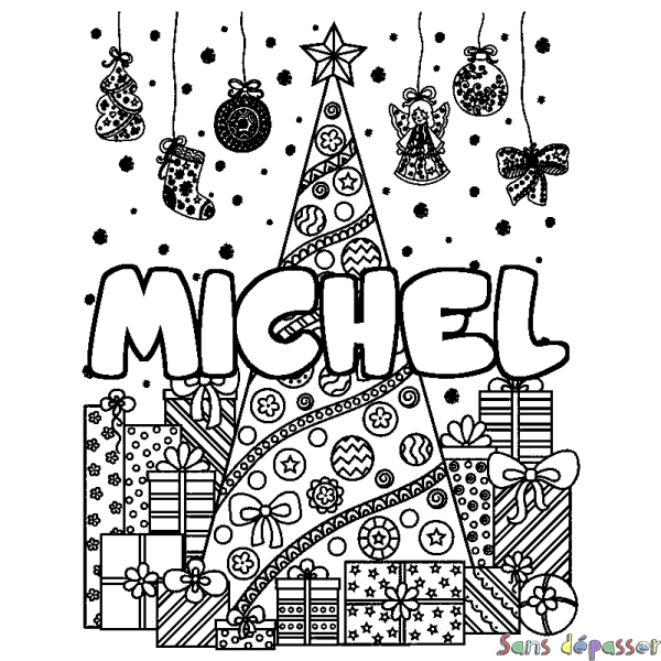 Coloriage prénom MICHEL - d&eacute;cor Sapin et Cadeaux