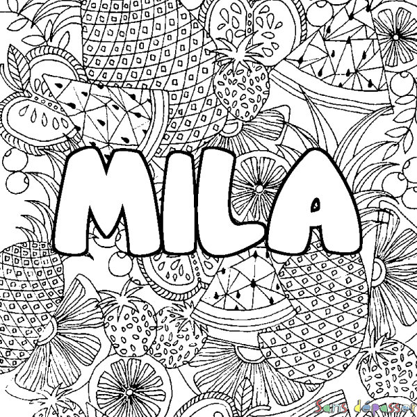 Coloriage prénom MILA - d&eacute;cor Mandala fruits