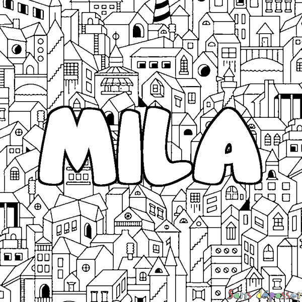 Coloriage prénom MILA - d&eacute;cor Ville