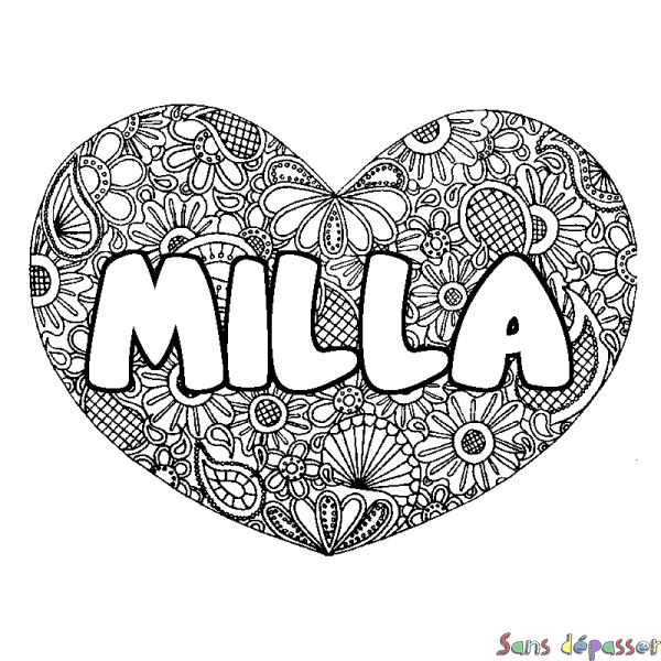 Coloriage prénom MILLA - d&eacute;cor Mandala coeur