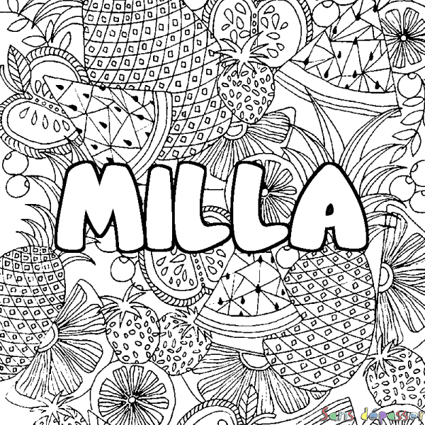 Coloriage prénom MILLA - d&eacute;cor Mandala fruits