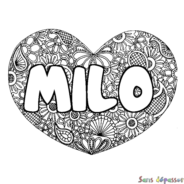 Coloriage prénom MILO - d&eacute;cor Mandala coeur