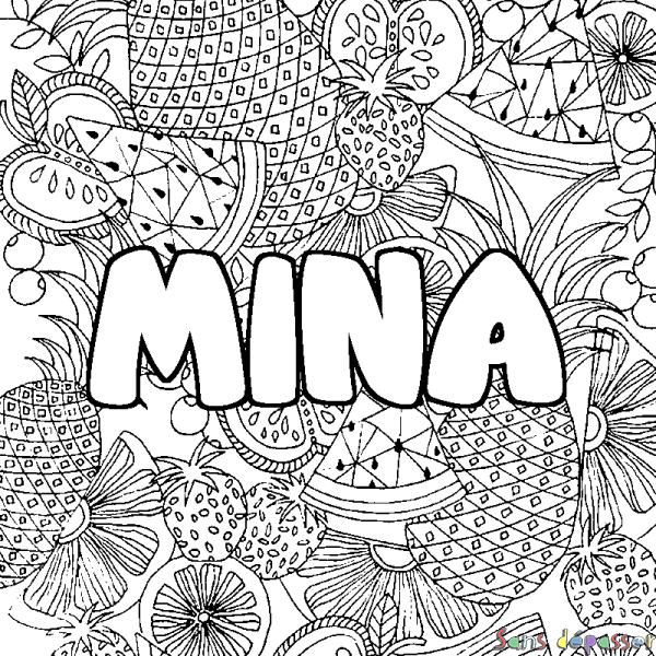 Coloriage prénom MINA - d&eacute;cor Mandala fruits