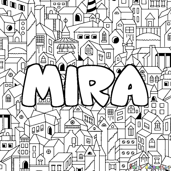 Coloriage prénom MIRA - d&eacute;cor Ville