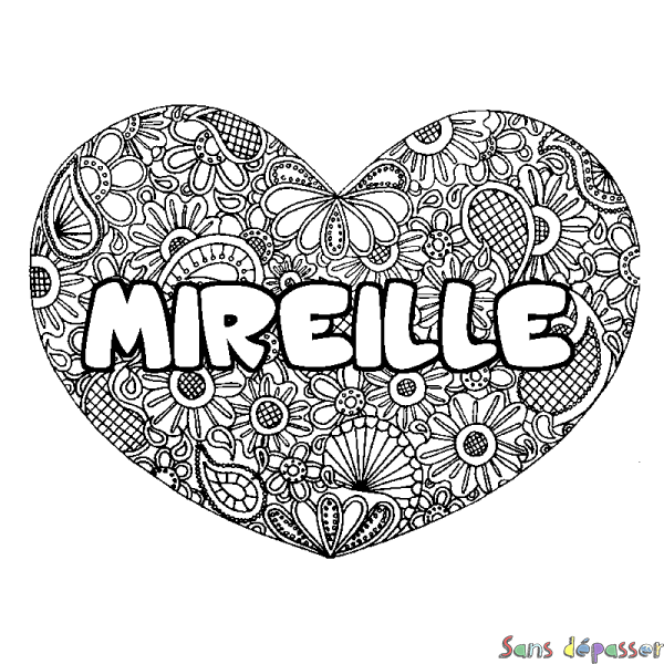 Coloriage prénom MIREILLE - d&eacute;cor Mandala coeur