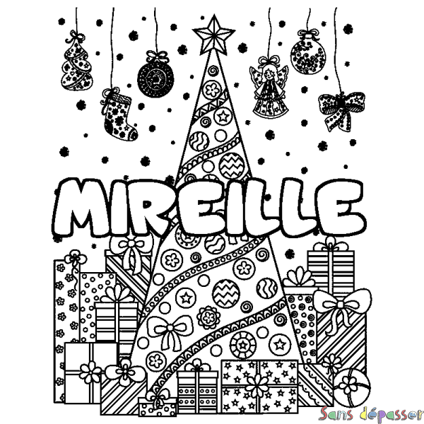 Coloriage prénom MIREILLE - d&eacute;cor Sapin et Cadeaux
