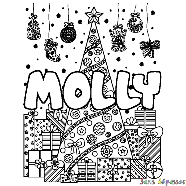 Coloriage prénom MOLLY - d&eacute;cor Sapin et Cadeaux