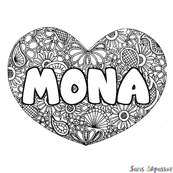 Coloriage prénom MONA - d&eacute;cor Mandala coeur