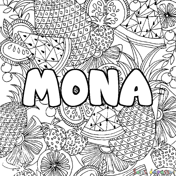 Coloriage prénom MONA - d&eacute;cor Mandala fruits