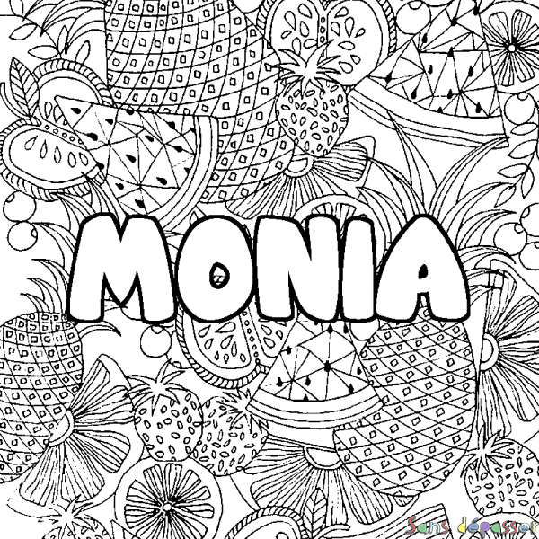 Coloriage prénom MONIA - d&eacute;cor Mandala fruits