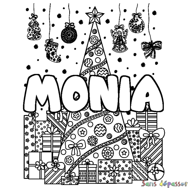 Coloriage prénom MONIA - d&eacute;cor Sapin et Cadeaux