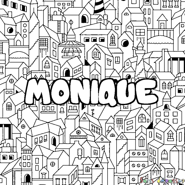 Coloriage prénom MONIQUE - d&eacute;cor Ville