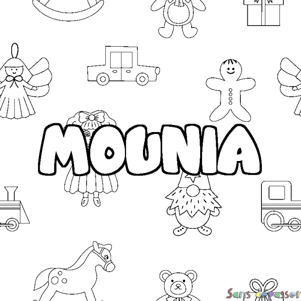 Coloriage prénom MOUNIA - d&eacute;cor Jouets