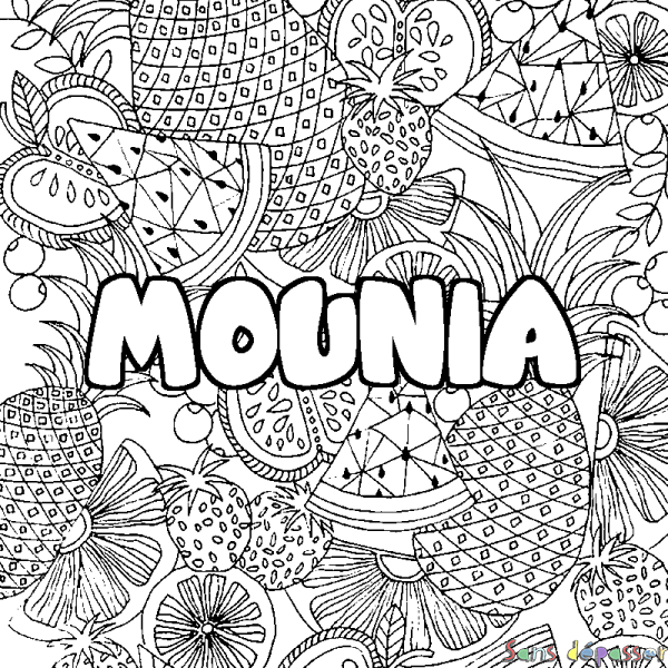 Coloriage prénom MOUNIA - d&eacute;cor Mandala fruits