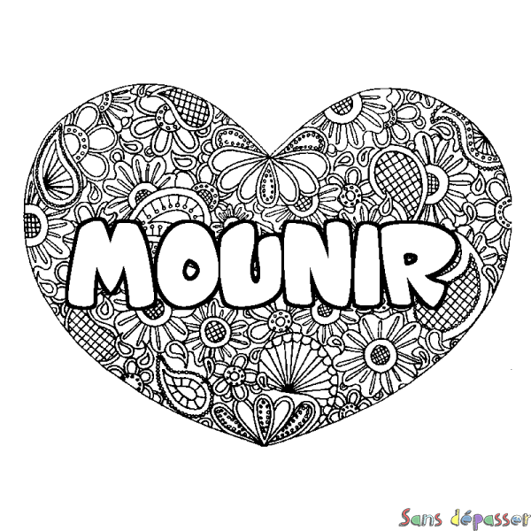 Coloriage prénom MOUNIR - d&eacute;cor Mandala coeur