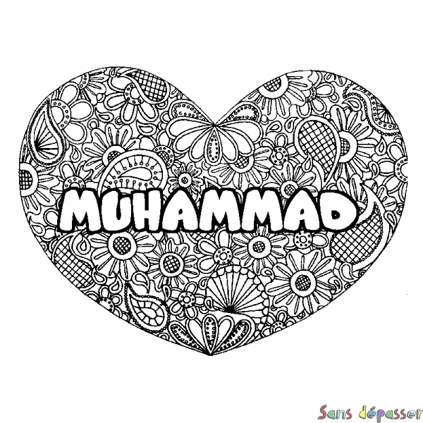 Coloriage prénom MUHAMMAD - d&eacute;cor Mandala coeur