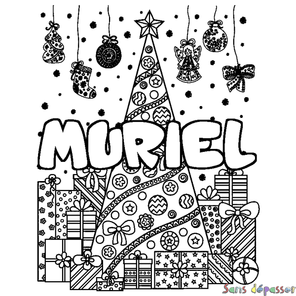 Coloriage prénom MURIEL - d&eacute;cor Sapin et Cadeaux