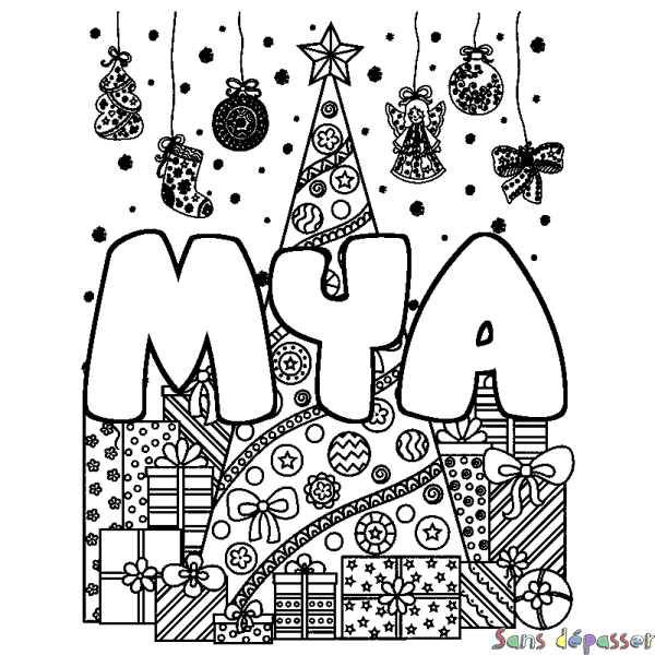 Coloriage prénom MYA - d&eacute;cor Sapin et Cadeaux