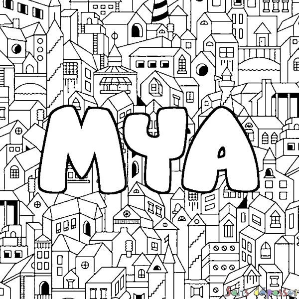 Coloriage prénom MYA - d&eacute;cor Ville