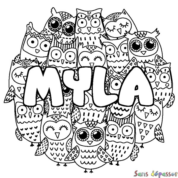 Coloriage prénom MYLA - d&eacute;cor Chouettes