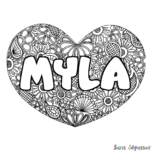 Coloriage prénom MYLA - d&eacute;cor Mandala coeur