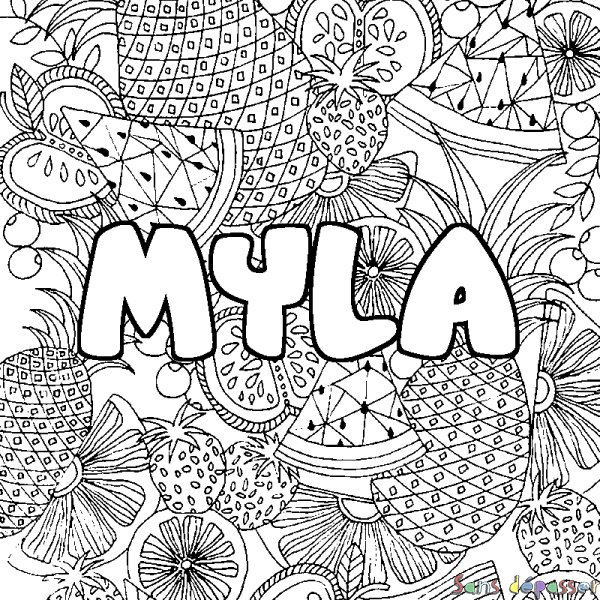 Coloriage prénom MYLA - d&eacute;cor Mandala fruits