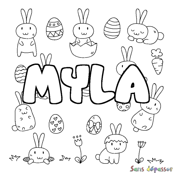 Coloriage prénom MYLA - d&eacute;cor Paques