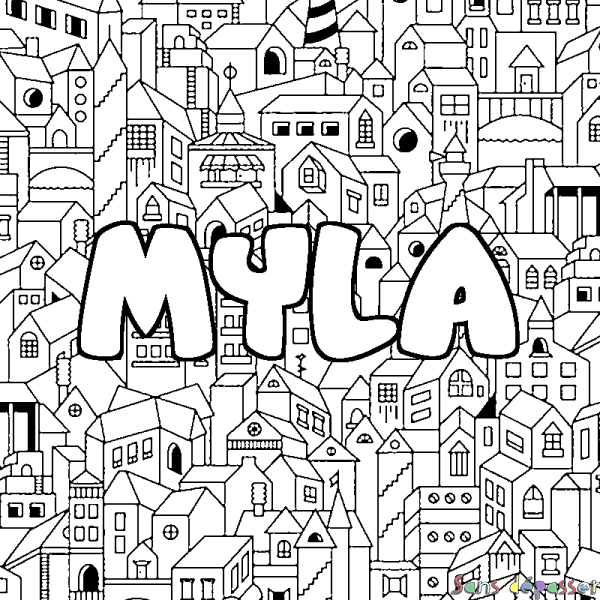 Coloriage prénom MYLA - d&eacute;cor Ville