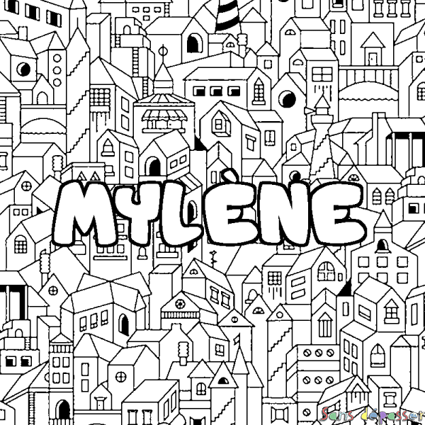 Coloriage prénom MYL&Egrave;NE - d&eacute;cor Ville