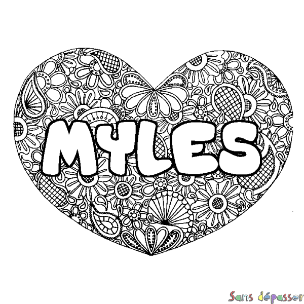 Coloriage prénom MYLES - d&eacute;cor Mandala coeur