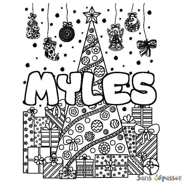 Coloriage prénom MYLES - d&eacute;cor Sapin et Cadeaux