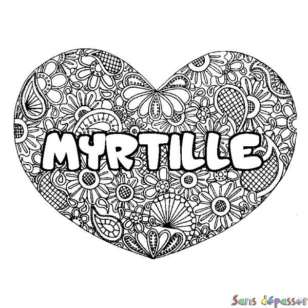 Coloriage prénom MYRTILLE - d&eacute;cor Mandala coeur