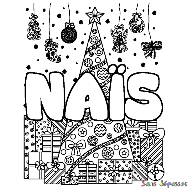 Coloriage prénom NA&Iuml;S - d&eacute;cor Sapin et Cadeaux