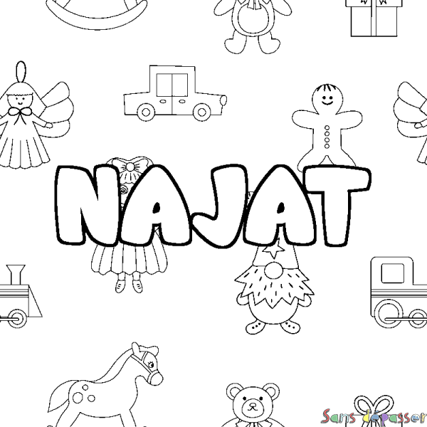 Coloriage prénom NAJAT - d&eacute;cor Jouets