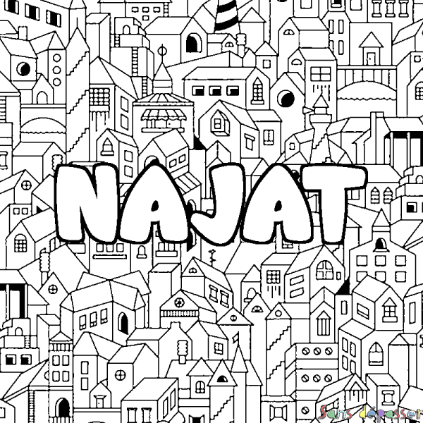 Coloriage prénom NAJAT - d&eacute;cor Ville