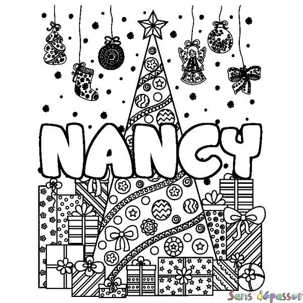 Coloriage prénom NANCY - d&eacute;cor Sapin et Cadeaux