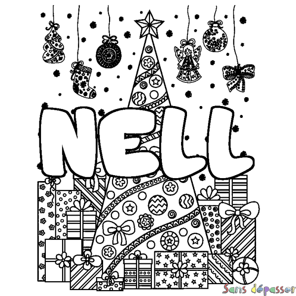 Coloriage prénom NELL - d&eacute;cor Sapin et Cadeaux