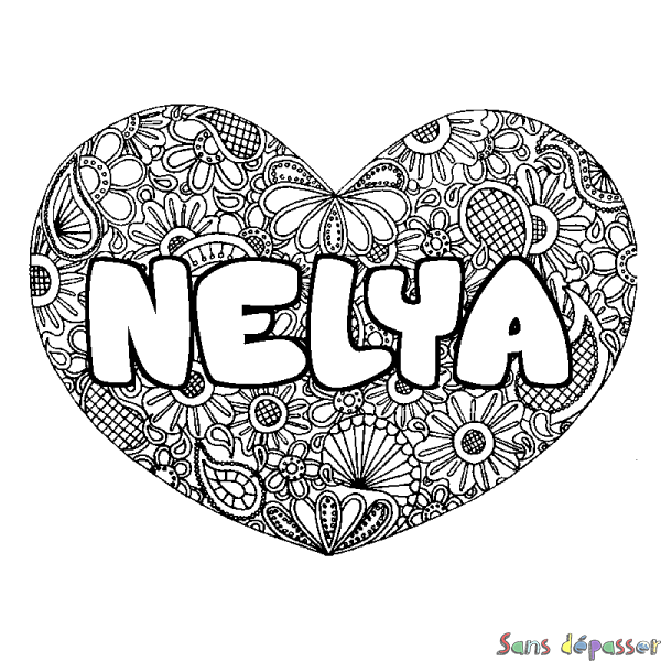 Coloriage prénom NELYA - d&eacute;cor Mandala coeur