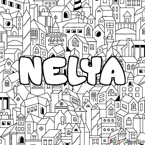 Coloriage prénom NELYA - d&eacute;cor Ville