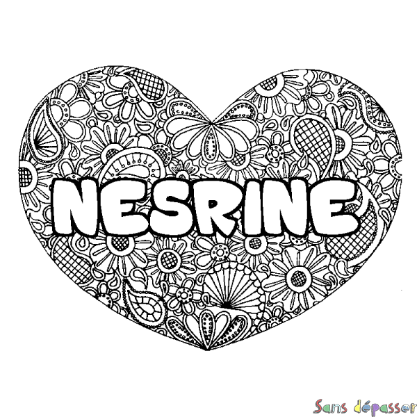 Coloriage prénom NESRINE - d&eacute;cor Mandala coeur