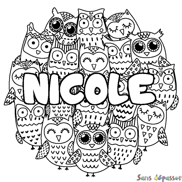 Coloriage prénom NICOLE - d&eacute;cor Chouettes