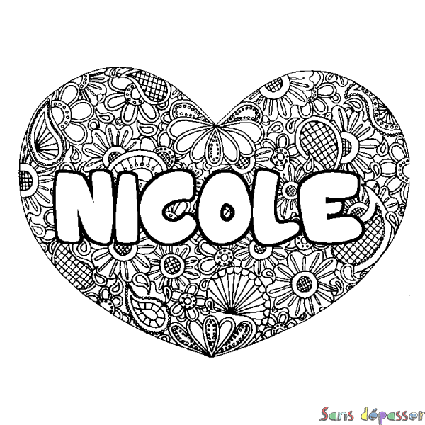 Coloriage prénom NICOLE - d&eacute;cor Mandala coeur