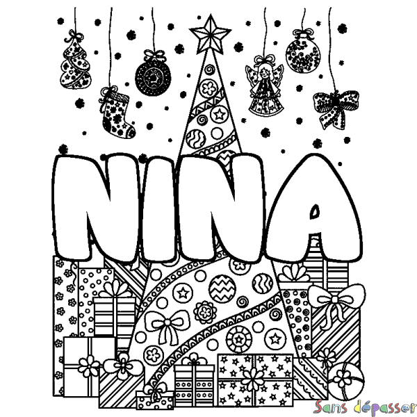 Coloriage prénom NINA - d&eacute;cor Sapin et Cadeaux