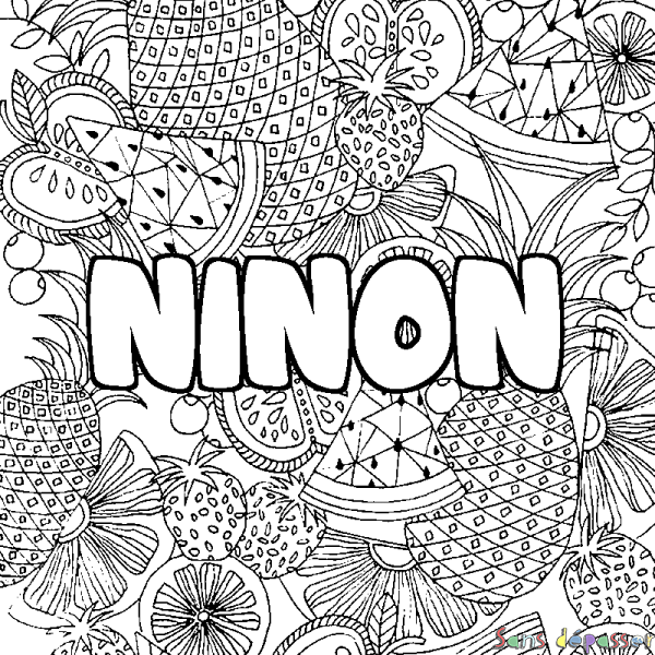 Coloriage prénom NINON - d&eacute;cor Mandala fruits